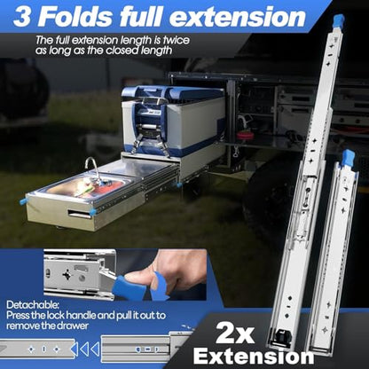 Heavy Duty Drawer Slides with Lock 16 Inch,3-Fold Full Extension Locking Drawer Slides 250 lbs Load Capacity Side Mount Ball Bearing Industrial Locking Rail 1 Pair(W:53mm, 16") - size: 16inch(400mm)
