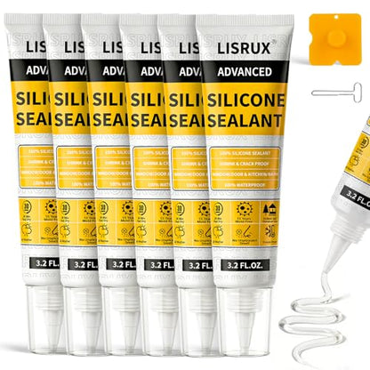 LISRUX Advanced Clear Silicone Caulk for Kitchen & Bathroom - 6 Pack (3.2 Fl Oz Each) | 100% Waterproof Silicone Sealant | Super Strong Adhesion, Shrink & Crack Proof - size: Clear-6P