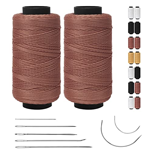 JeogYong Sewing Thread Kit, 2 Pack Polyester Thread with Leather Needles for Hand Sewing, Heavy Duty Thread, Upholstery Weave Thread for Leather Canvas Repair and Sewing (Brown) - color: Brown, size: 0.8mm x 400yd