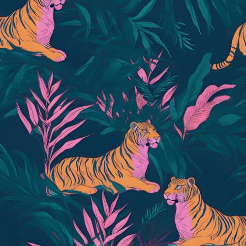 BOKEBEVE Tropical Tiger Wallpaper Peel and Stick Green Pink 17.5 x 196In - color: Green/Orange/Pink, size: 17.5" x 196.5"