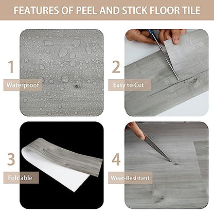 Peel and Stick Floor Tile, 10-Pack 15 Sq.Ft, Natural Grey Wood Grain Look - color: Gray, size: 10 PCS