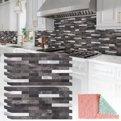 StyloVue 20 Sheets Peel and Stick Backsplash for Kitchen, Dark Grey with Metal Silver Look Stick on Tile Upgrade Your Kitchen Backsplash, RV, Fireplace - color: Dark Grey With Metal Silver
