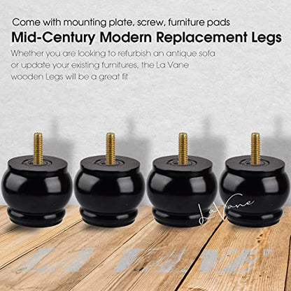 La Vane 3 inch Solid Wood Bun Feet for Furniture Set of 4 – Black