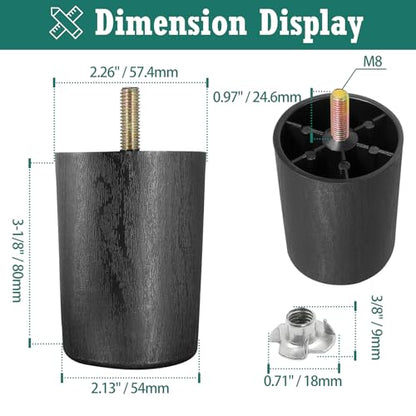 4pcs Plastic Furniture Legs 3" with T-Nuts, M8-1.25 Thread Bolt - size: 3 Inch, M8-1.25 Metric Thread Bolts