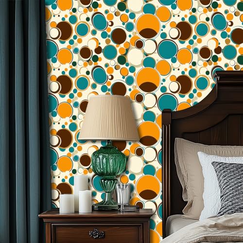 HOMETITUTE Polka Dot Circles Peel Stick Wallpaper 118.1x17.7 Inch Vinyl - color: Retro Orange Blue Circles