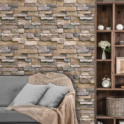 Abyssaly Stone Wallpaper Brick Peel and Stick Wallpaper Backsplash - color: Brown, size: 17.7" x 236.2"