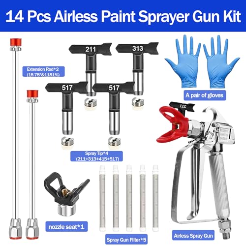 15 Pcs Airless Paint Sprayer Gun Kit – 3600PSI Professional Spray Gun, 4 Reversible Tips (211/313/415//517), 2 Extension Rods, 5 Filters & 1 Nozzle Seat，a Pair of Gloves