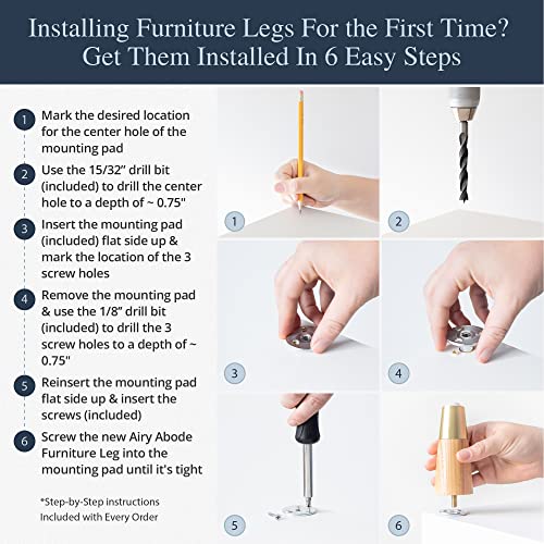 Airy Abode Premium Ash Wood Furniture Legs with Gold Caps (Full Install Kit) - Pick Your Size and Color - color: Ash / Gold, size: 10 Inches