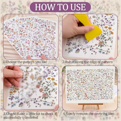 WANDIC 3 Sheets Rub On Transfer Stickers, Flower Pattern Waterproof Decals Furniture Craft Embellishments for DIY Scrapbooking Photo Albums,15 * 30cm - color: Small Flower