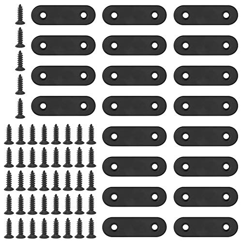 Glarks 20 Sets 50mm Flat Straight Corner Brace Black Metal Joint Plate Connector Repair Fixing Bracket with 45Pcs Screws for Wood Furniture (50x2mm) - size: 50x2mm