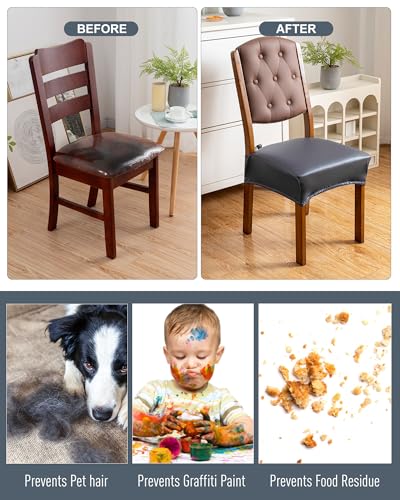 Genina Dining Chair Covers Set of 2, Waterproof PU Leather Dining Seat Covers Stretch Wipeable Dining Room Seat Cover Kitchen Chair Slipcover Protector (Rear-Covered Design, Charcoal Gray) - color: Charcoal Gray, size: Rear-Covered 2PCS
