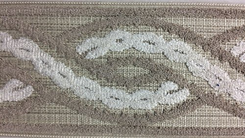 3.5" Woven Trim Tape with Velvet Embroidery H-1109/4 Cream, Navy Blue & French Blue Sold By The Yard Upholstery/Drapery