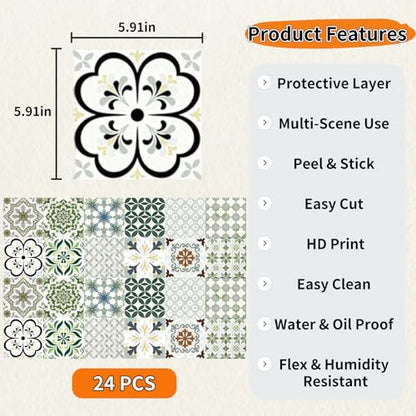 24Pcs Mexican Style PVC Peel and Stick Tile Stickers - color: Style a, size: 6x6 Inch