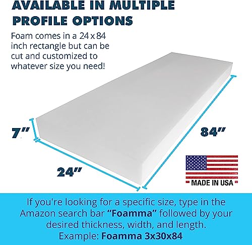 Foamma 7" x 24" x 84" High Density Upholstery Foam Padding for Cushions and Seat Repair, Thick-Custom Pillow, Chair and Couch Cushion Replacement Foam, Craft Upholstery Supplies - color: High Density, size: 7" x 24" x 84"