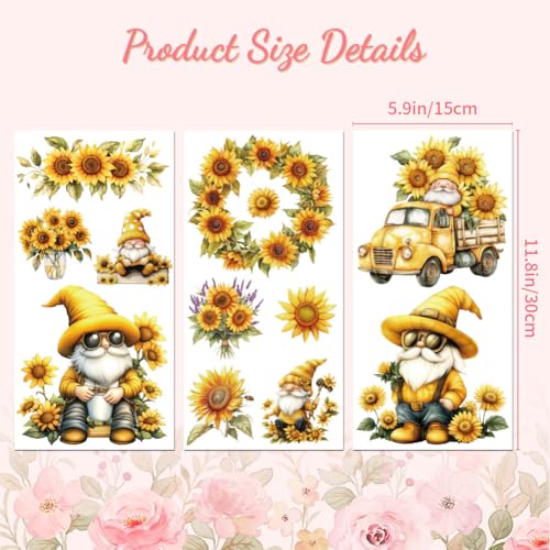 Peacoblue Sunflowers and Gnome Rub On Transfers for Furniture Craft 6"x12" - style: Sunflowers and Gnome