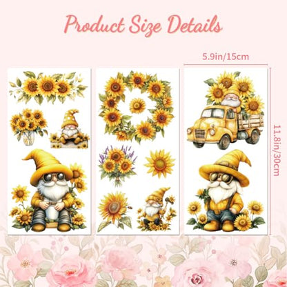 Peacoblue Sunflowers and Gnome Rub On Transfers for Furniture Craft 6"x12" - style: Sunflowers and Gnome