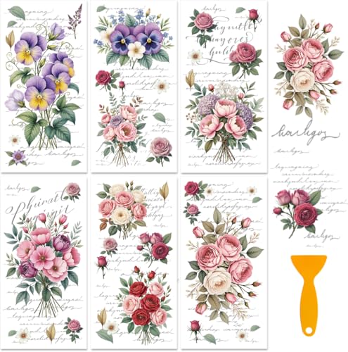 Vintage Floral Rub on Transfers for Furniture, 6 Large Sheets - DIY Decorative Stickers for Wood, Glass, Cup Decor, Scrapbooking, Home Craft Projects 6 x 12“ - style: Vintage Text Flowers