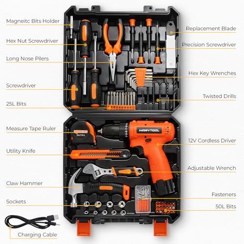 152 Piece Basic Tool Set, Portable Tool Box with 12V Cordless Drill, Home Repair Hand Tool Kit, General Household Drill Set, Toolbox with Storage Case for Homeowner, Handyman, Women, Men - size: 152PCS