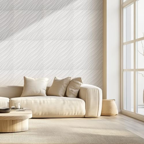 VEVOR 3D Wall Panels, 12-Pack 19.7 x 19.7 in PVC Modern Art Minimalist Wave Tiles, 32 Sq.Ft Coverage Accent Wall Panel, Interior Home Decor for Bedroom, Living & Gaming Room, Matte White