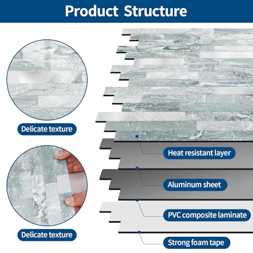 Yipscazo 5 Sheets Peel and Stick Stone Metal Tile Backsplash, Stick on Tiles for Backsplash Kitchen, Bathroom, Laundry Room, Camper, Fireplace (12'' X 12'', Polished Cyan) - color: Polished Cyan