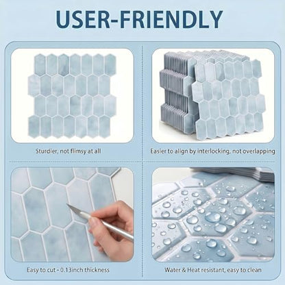 Arttown Peel and Stick 3D Wall Backsplash 10-Sheet, 12" × 12" Hexagon Blue - color: Blue Hexagon, size: 10PC 12"x12"