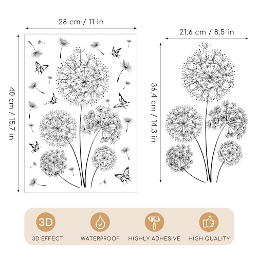 Joeyan Dandelion Rub on Transfers for Crafts and Furniture,Transfer Decals Stickers with Black Butterfly,2 Sheets Large DIY Craft for Fabric Wood Ceramic Glass Plastic,Furniture Decals for Home Office