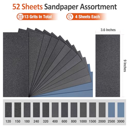 Sand Paper Assortment, 52 Sheets Assorted Grits 120/150/180/240/320/400/600/800/1000/1500/2000/2500/3000, 4 Sheets Each, 9 x 3.6 Inches, Dry & Wet Sanding, Abrasive Sanding Sheets