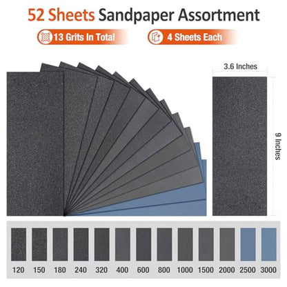 Sand Paper Assortment, 52 Sheets Assorted Grits 120/150/180/240/320/400/600/800/1000/1500/2000/2500/3000, 4 Sheets Each, 9 x 3.6 Inches, Dry & Wet Sanding, Abrasive Sanding Sheets