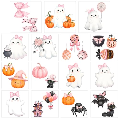 Harloon 15 Sheets Pastel Halloween Ghost Rub on Transfers for Crafts Cute Pink Summer Halloween Ghost Cat Dog Stickers Watercolor Furniture Decals for Home Party DIY Crafts - style: Cute Ghost