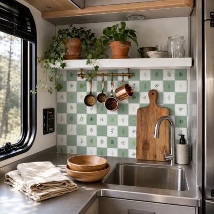4 Pack Botanical Green Checkerboard Peel & Stick Wall Tiles 6"x6" - color: Botanical Green, size: 4 Pcs 6" x 6" x 0.05"