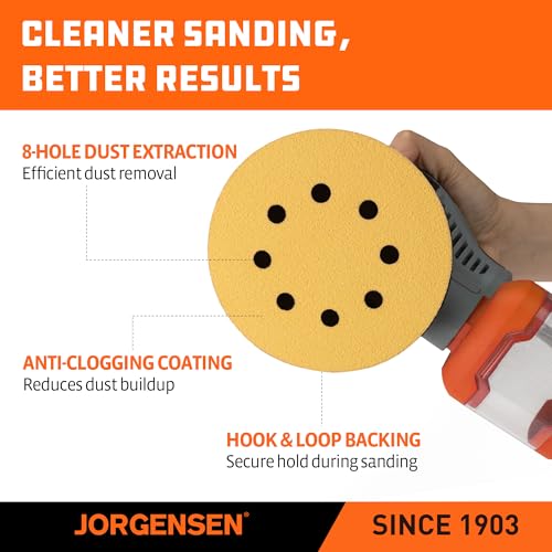 Jorgensen 50-Piece 5-Inch Premium Sanding Discs, 8-Hole Hook and Loop