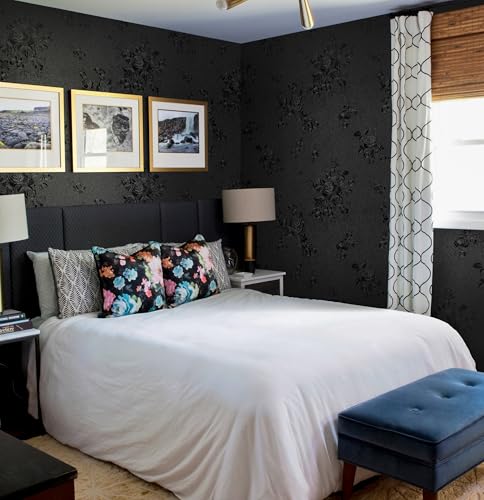 Erfoni Black Peel and Stick Wallpaper Black Floral Embossed Contact Paper - color: Black, size: 17.7" x 78.7"