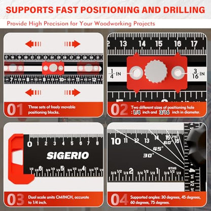 4 in 1 Drilling Positioning Ruler, Aluminum Alloy T Square Ruler 14in, Multifunctional T Ruler, Cabinet Handle Template Tool for Installating Handles, Cabinet Hardware Jig for Woodworking