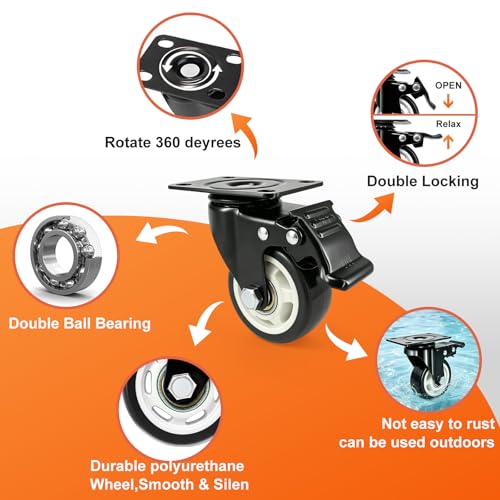 3 Inch Heavy Duty Black Caster Wheel Set of 4,Dual Brake, Silence - color: black, size: 3 inches