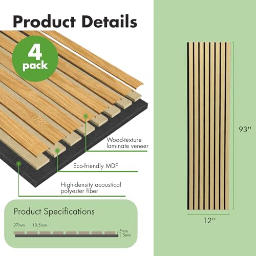 Art3d 12" x 93" Acoustic Wood Slat Wall Panel, 4pcs, 31 sq.ft, Oak - color: Oak, size: 12" x 93"