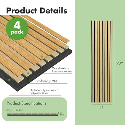 Art3d 12" x 93" Acoustic Wood Slat Wall Panel, 4pcs, 31 sq.ft, Oak - color: Oak, size: 12" x 93"