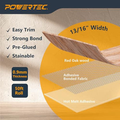 POWERTEC Red Oak Edge Banding – 13/16" x 50 Ft Pre-Glued Veneer Edging Tape Roll for Cabinet Repair, Furniture Restoration, Shelving & DIY Projects (72371) - color: Red Oak