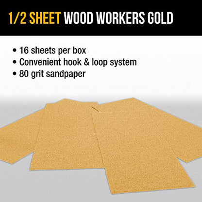 Dura-Gold Premium 1/2 Sheet Gold Sandpaper Sheets, 80 Grit (Box of 16) - size: 80-Grit