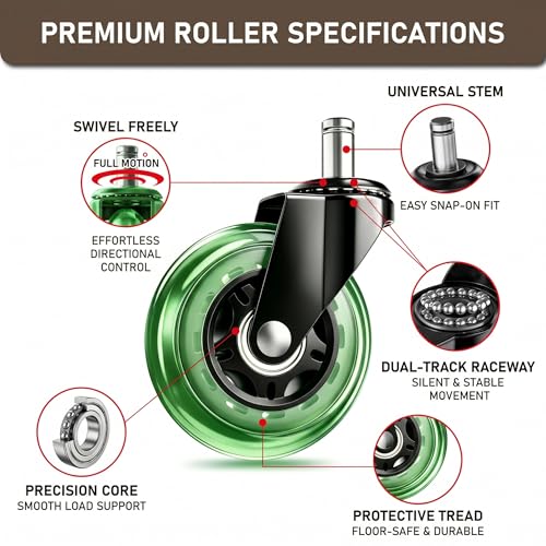 3 Inch Office Chair Wheels, Set of 5 (Green) - color: Green