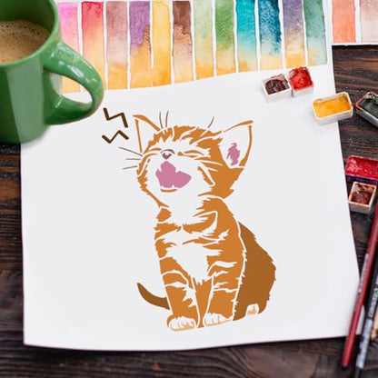 FINGERINSPIRE Little Cat Stencils with a Brush 11.7x8.3Inch Cute Meow Kitten Painting Stencils Cartoon Cat Pattern Stencil Animal Themes PET Template for Wood Floor Tile Wall Fabric Furniture DIY - color: Little Cat