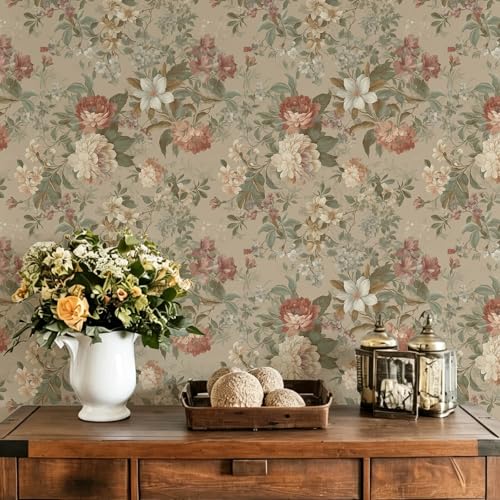 Peel and Stick Wallpaper for Bedroom Vintage Red Floral Self-Adhesive - color: Beige and Red, size: 17.3" x 78.7"