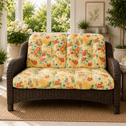All Weather 3 Pieces Wicker Furniture Chair Cushions, Waterproof Outdoor Wicker Chair Cushion for Patio Furniture Loveseat Settee Bench, 1 Loveseat and 2 U-Shaped Thickened Cushions, Daisy - color: Daisy Cushion