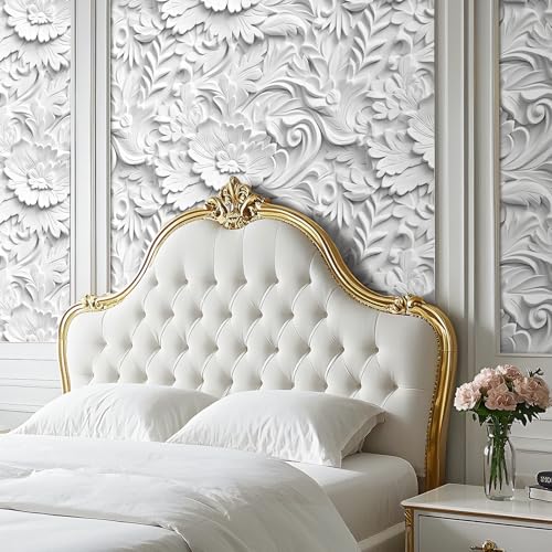 White Faux 3D Embossed Floral Peel and Stick Wallpaper Removable Self Adhesive Luxury Baroque Rococo Style Plaster Effect Paintable White Wallpaper for Bedroom Cabinets Accent Wall 17.5"x80" - size: 17.5" x 80"