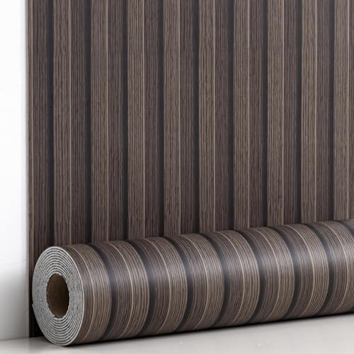 Haimin Wood Grain Slat Wall Panels Peel and Stick Faux Wood Thick Wallpaper - color: Dark Brown