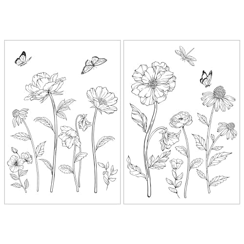 Joeyan Rub On Transfers for Crafts and Furniture, 2 Sheets Large Black White Line Floral Butterfly Rub on Stickers DIY Transfer Decals for Wood Glass Metal Canvas Porcelain Plastic Home Decor - style: Black White Line Floral