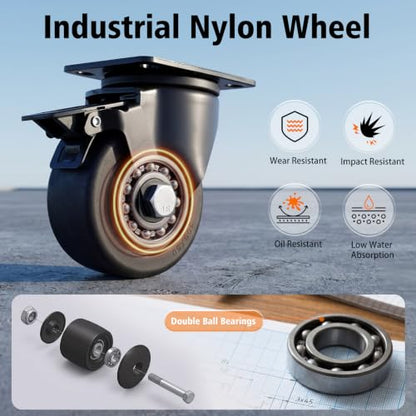 2Inch Heavy Duty Caster Wheels with Brakes, Load Capacity 1600LBS, Set of 4 - size: 2in