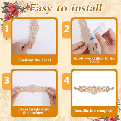 4 Pcs Wood Appliques, Wooden Applique (7.9 x 1.9 Inch)