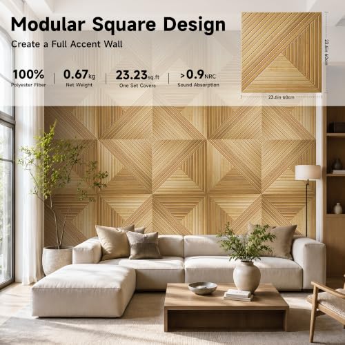Acoustic Wall Panels, 6-Pack 23.62x23.62 in, Decorative Sound Absorbing Panels, Self-Adhesive for Wall/Ceiling, Noise Reduction Wall Art for Home Studio Office, Natural Oak - size: 6 Pack-23.6"*23.6"