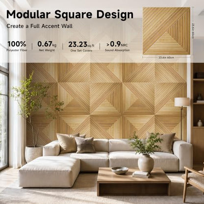 Acoustic Wall Panels, 6-Pack 23.62x23.62 in, Decorative Sound Absorbing Panels, Self-Adhesive for Wall/Ceiling, Noise Reduction Wall Art for Home Studio Office, Natural Oak - size: 6 Pack-23.6"*23.6"
