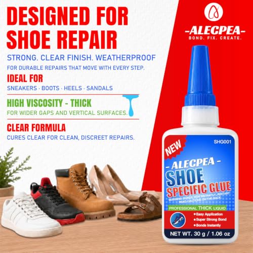 ALECPEA Shoe Glue for Sole Repair, Thick Clear Adhesive, 30g with 3 Tips - color: Shoe Glue